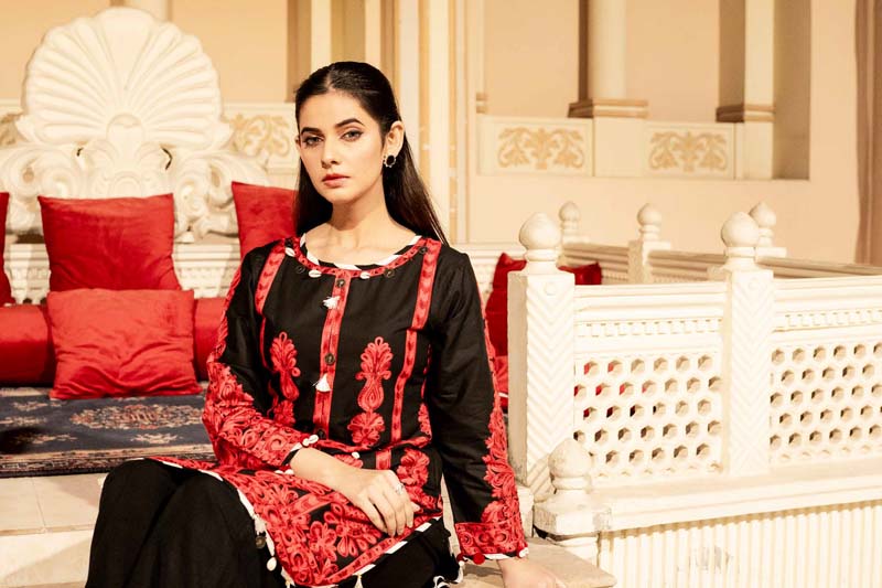 Ethnic Inspired Pakistani Lawn Embroidered Kurta Red and Black