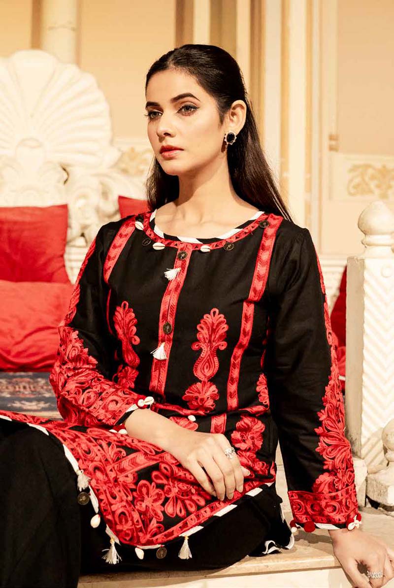 Ethnic Inspired Pakistani Lawn Embroidered Kurta Red and Black