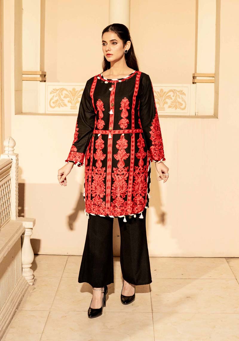 Ethnic Inspired Pakistani Lawn Embroidered Kurta Red and Black