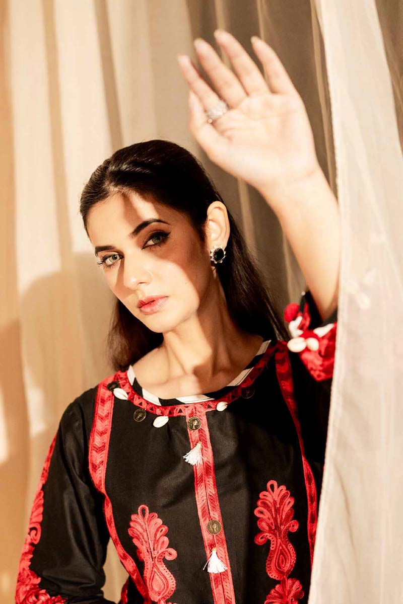 Ethnic Inspired Pakistani Lawn Embroidered Kurta Red and Black