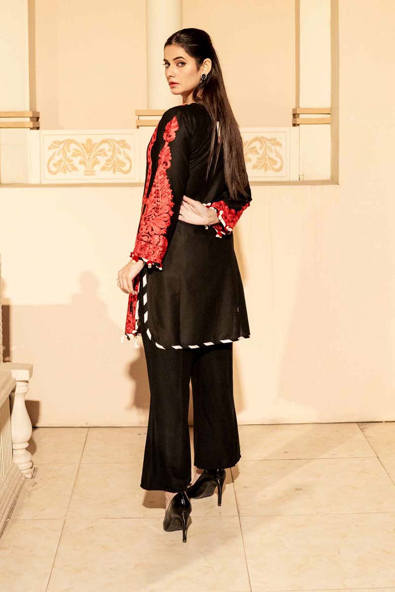 Ethnic Inspired Pakistani Lawn Embroidered Kurta Red and Black