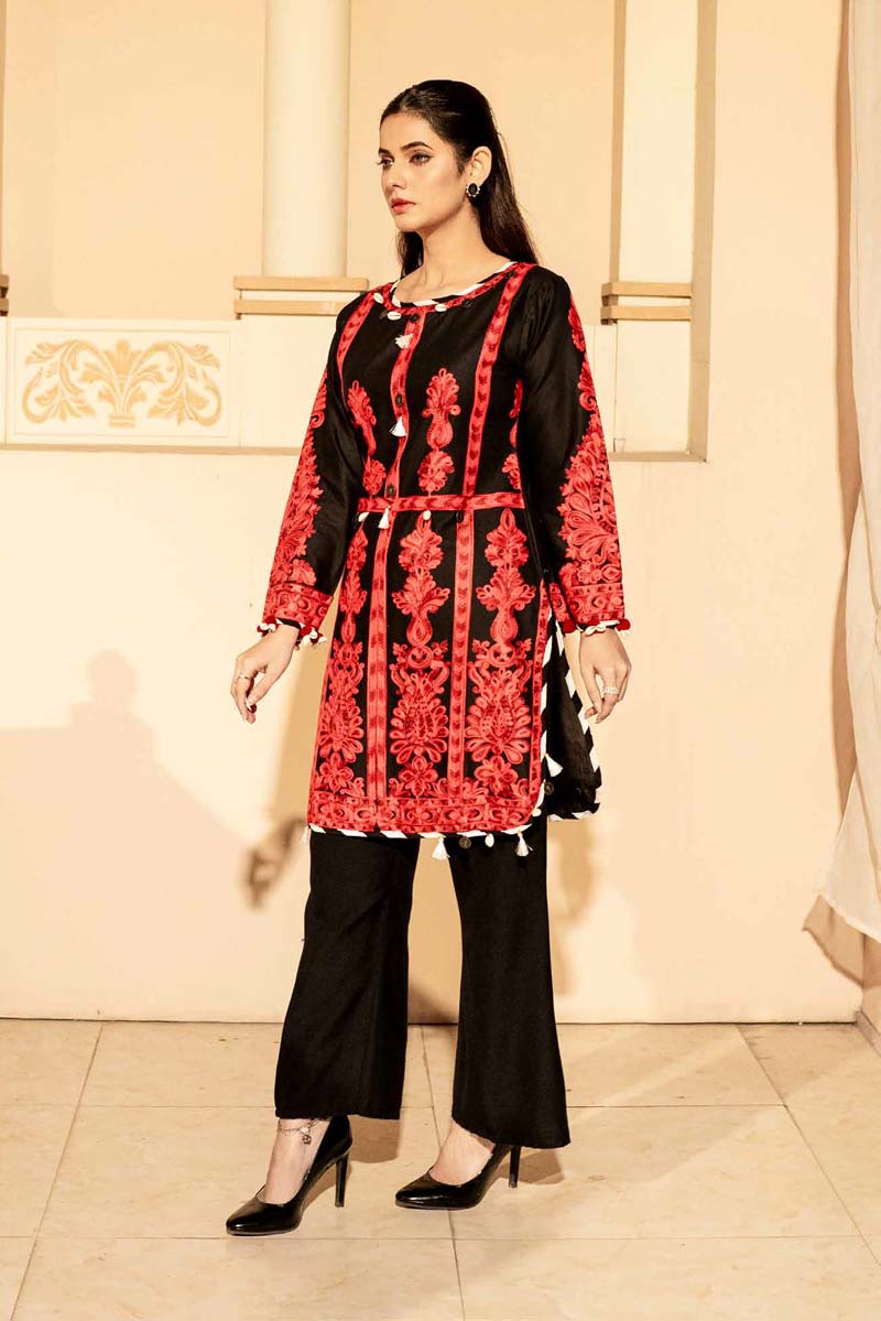 Ethnic Inspired Pakistani Lawn Embroidered Kurta Red and Black