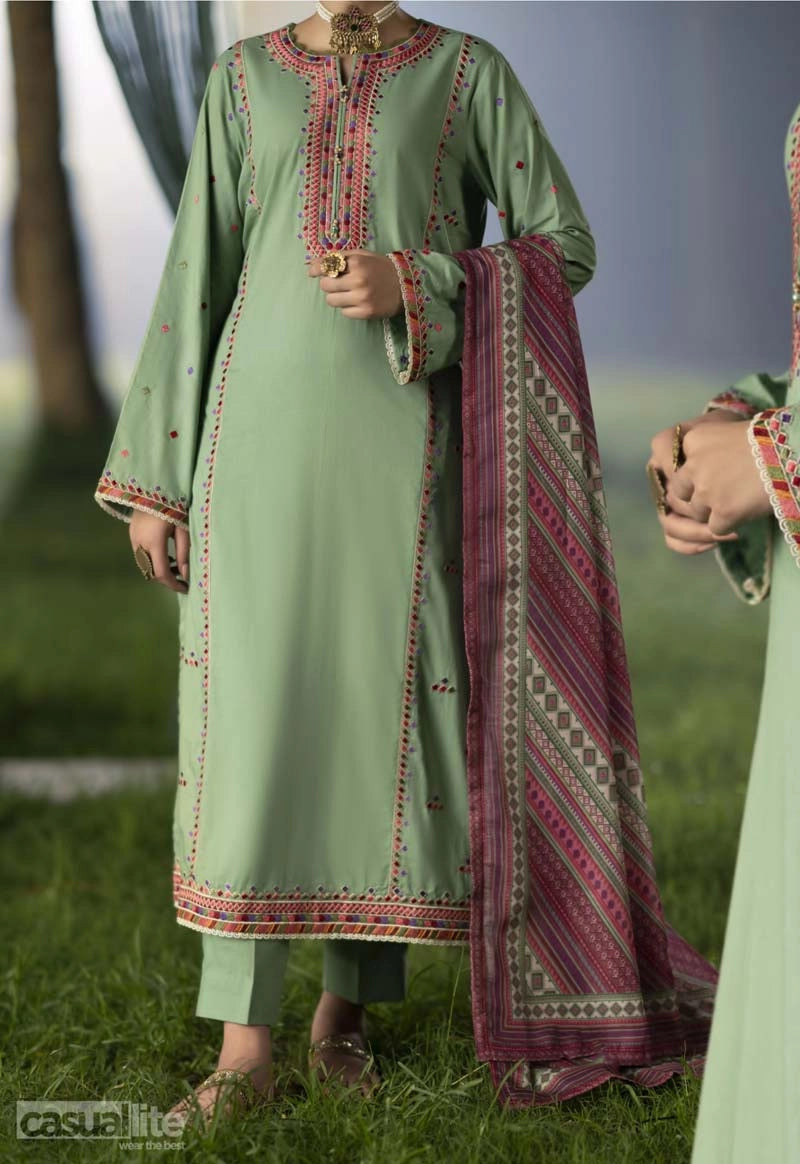 Shansai Premium Embroidered Linen Suit with Silk Monaar Dupatta Zauq