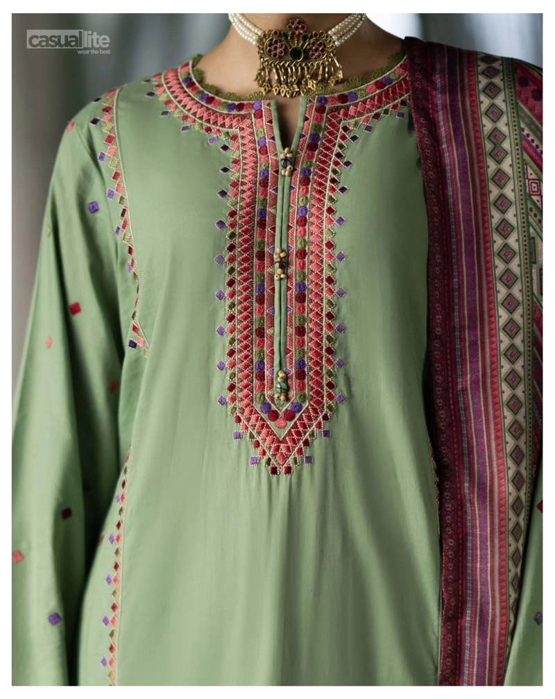 Shansai Premium Embroidered Linen Suit with Silk Monaar Dupatta Zauq