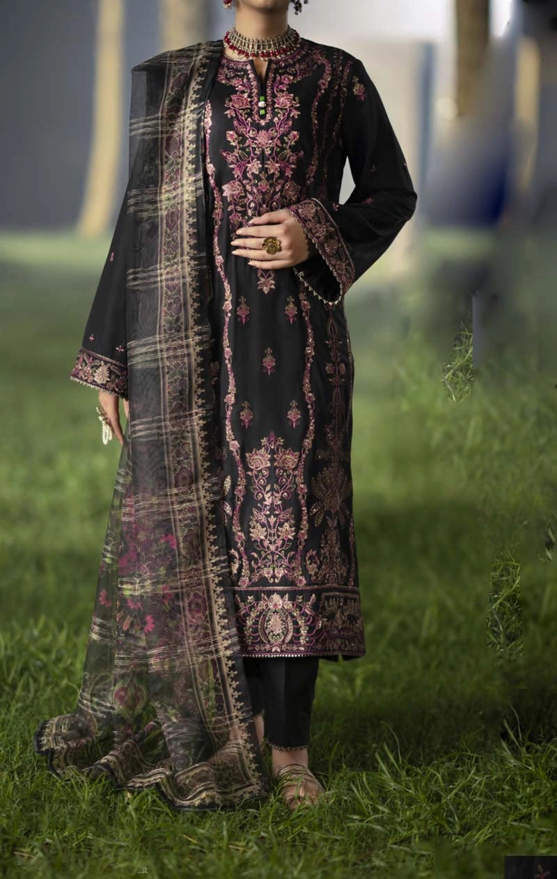 Shansai Premium Embroidered Linen Suit with Organza Net Dupatta Black Beauty