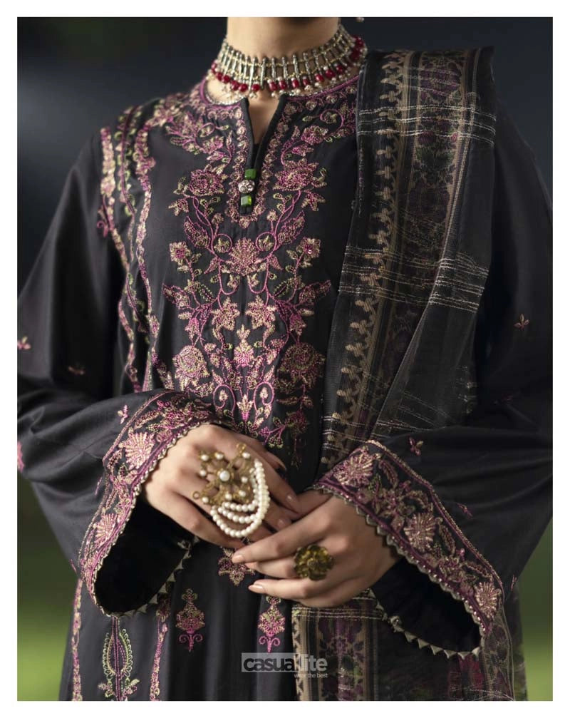 Shansai Premium Embroidered Linen Suit with Organza Net Dupatta Black Beauty