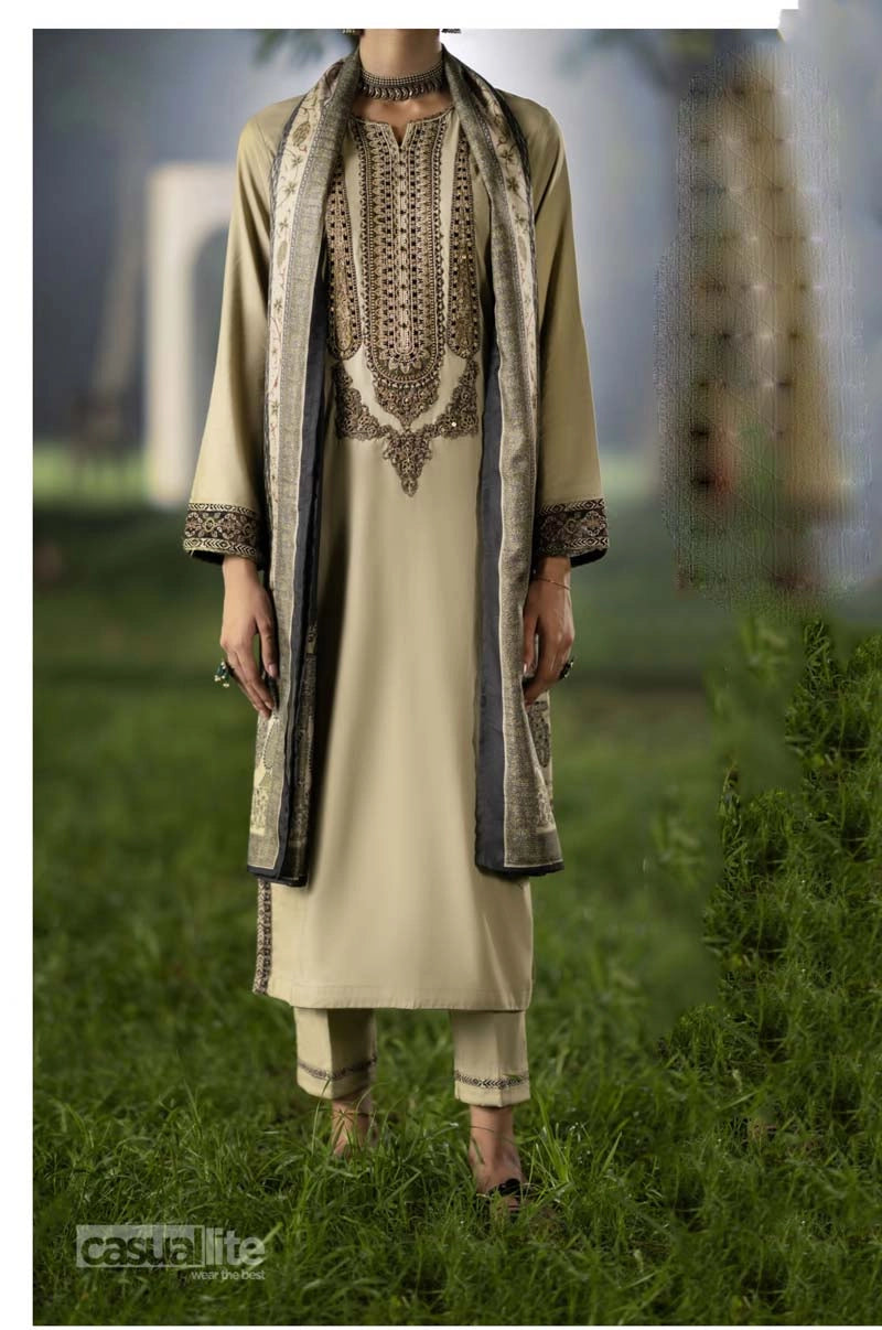 Shansai Premium Embroidered Linen Suit with Silk Monal Dupatta Shehnai