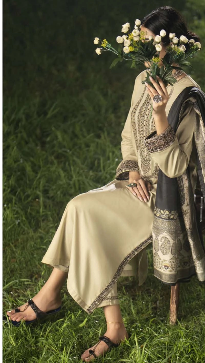 Shansai Premium Embroidered Linen Suit with Silk Monal Dupatta Shehnai