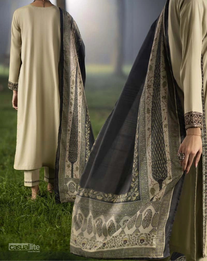 Shansai Premium Embroidered Linen Suit with Silk Monal Dupatta Shehnai