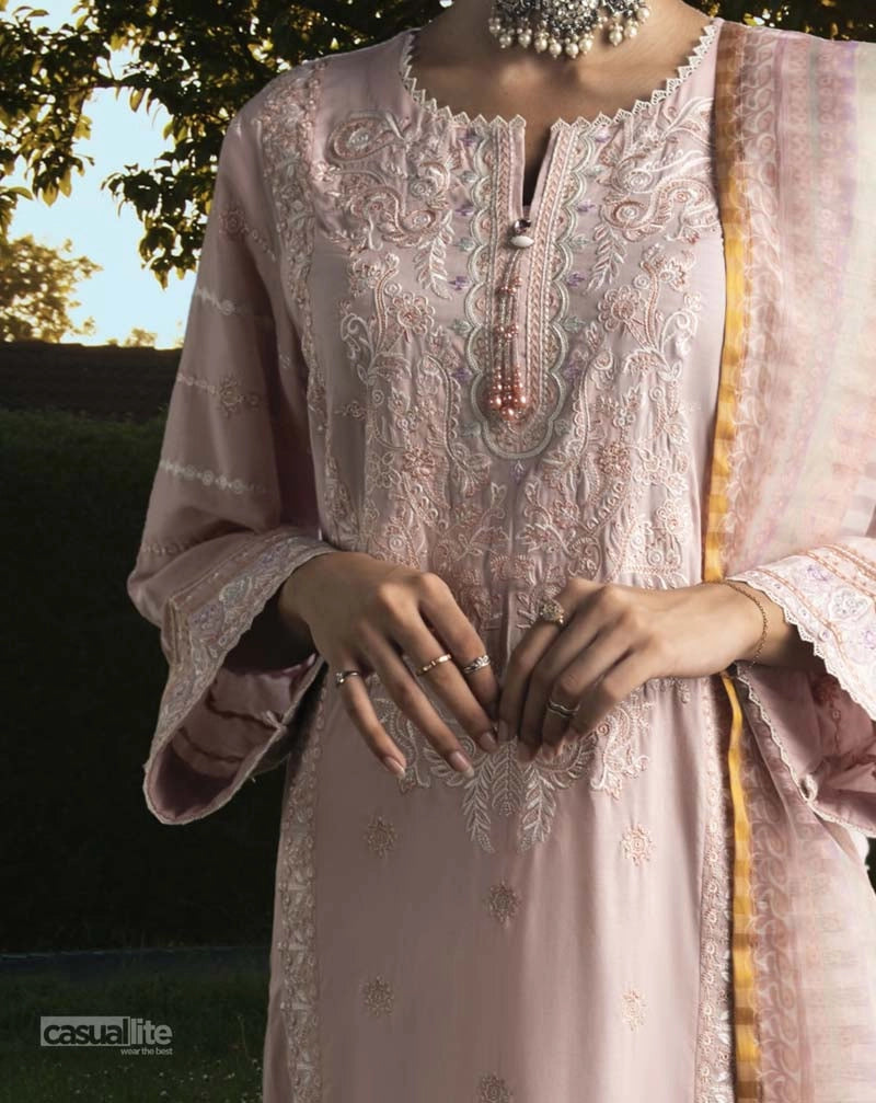 Shansai Premium Embroidered Linen Suit with Organza Net Dupatta Tuscany