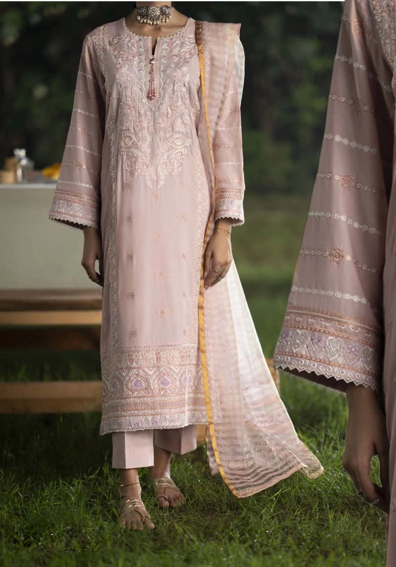 Shansai Premium Embroidered Linen Suit with Organza Net Dupatta Tuscany