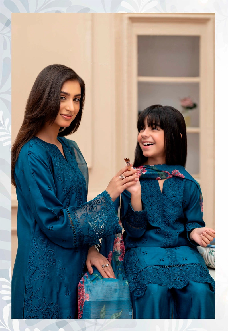 Sana Safinaz Inspired Viscose Teal Blue Chikan Kari Mummy & Me Girls Eid Outfit