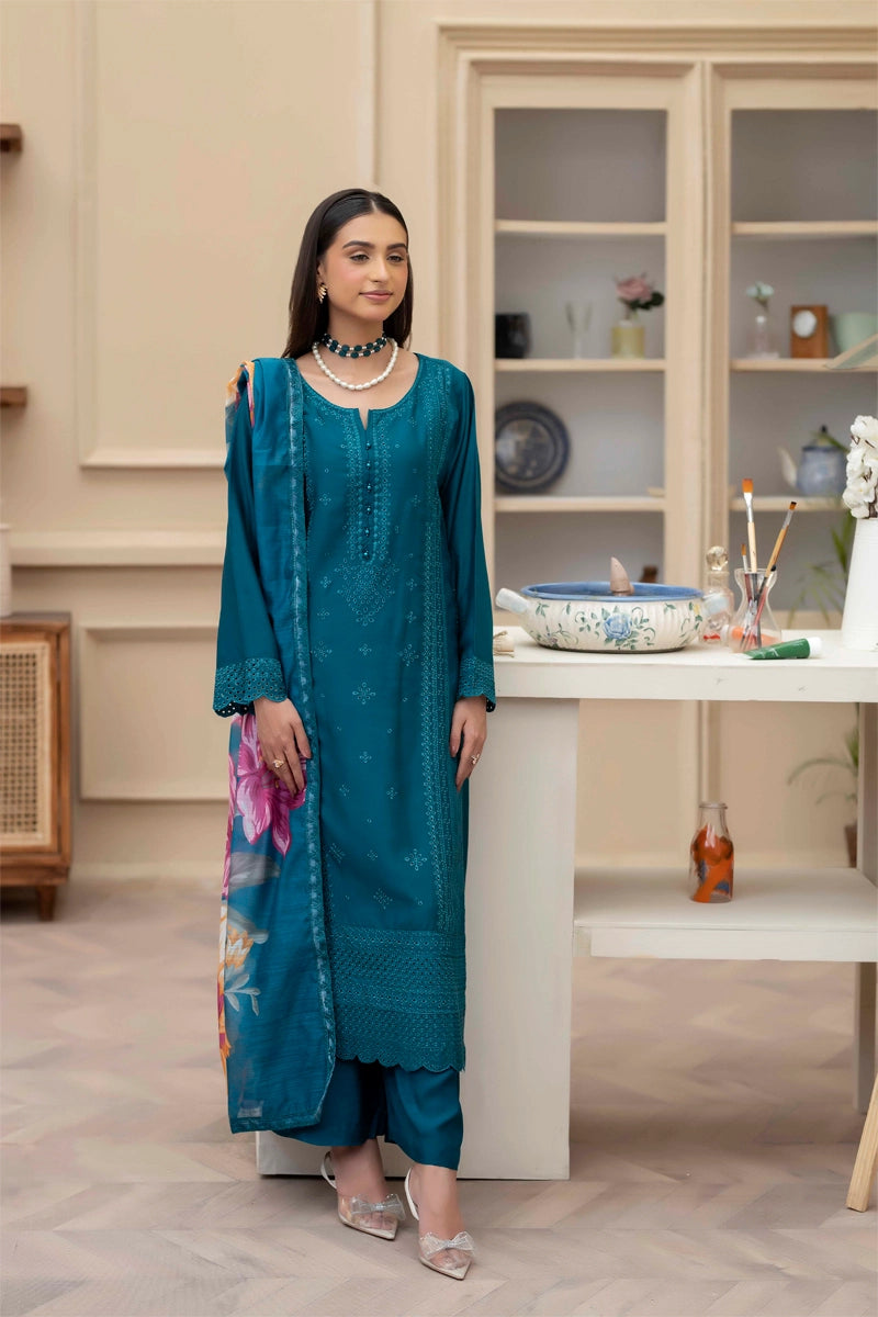 Sana Safinaz Inspired Viscose Teal Green Chikan Kari Mummy & Me Ladies Eid Outfit