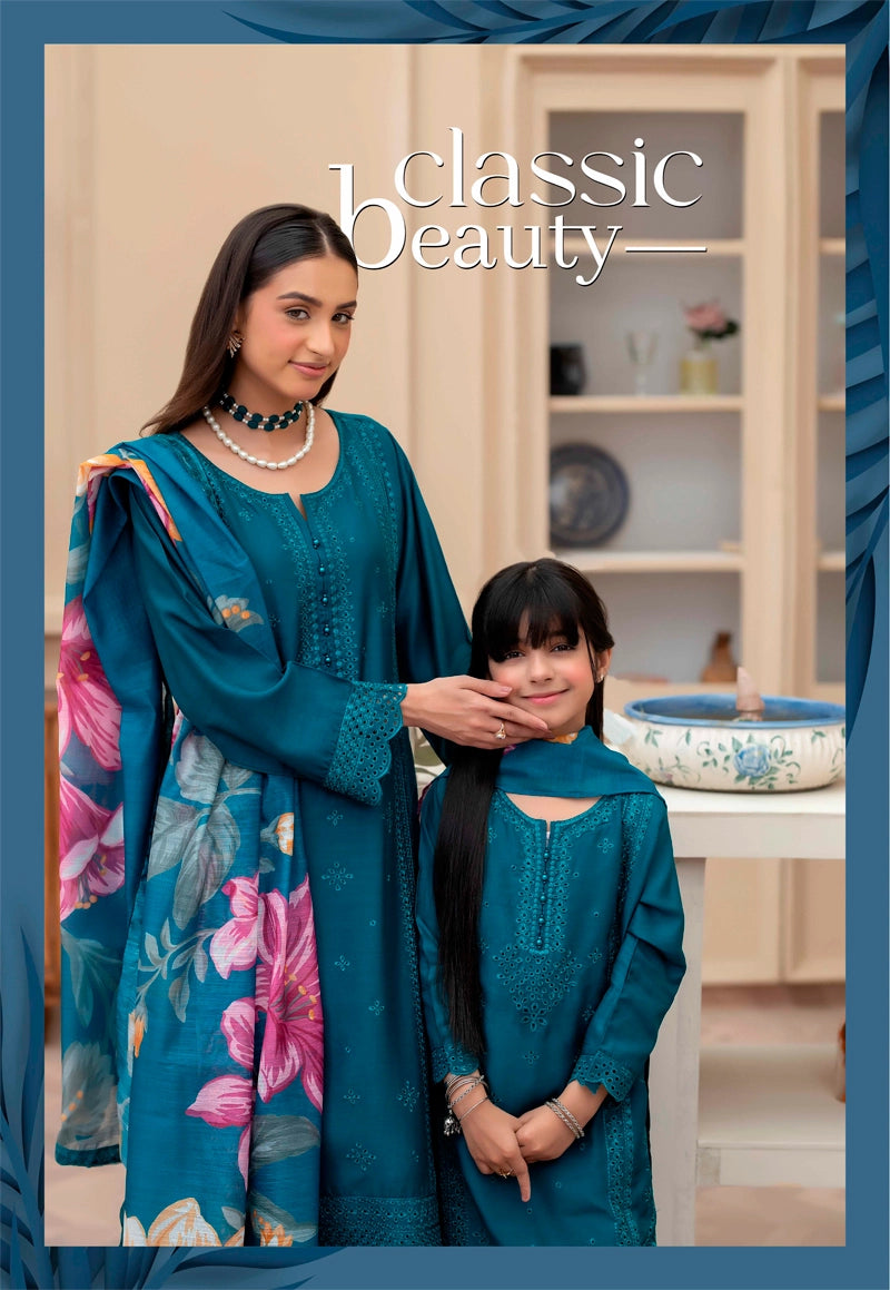 Sana Safinaz Inspired Viscose Teal Green Chikan Kari Mummy & Me Girls Eid Outfit