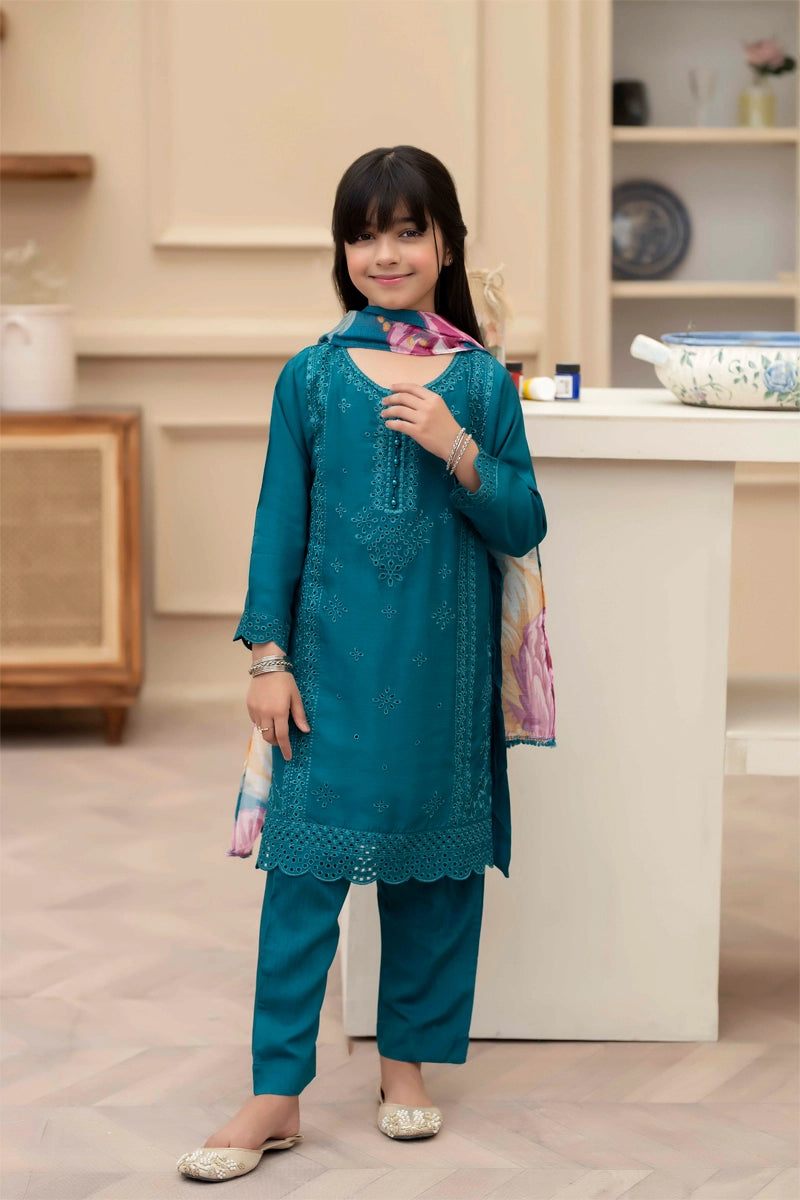 Sana Safinaz Inspired Viscose Teal Green Chikan Kari Mummy & Me Girls Eid Outfit