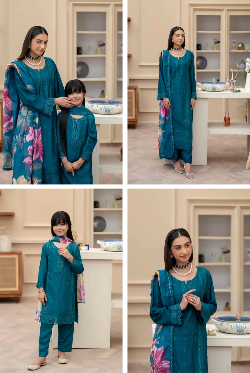 Sana Safinaz Inspired Viscose Teal Green Chikan Kari Mummy & Me Girls Eid Outfit