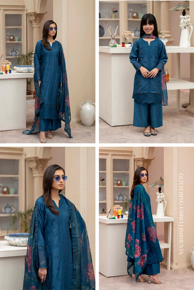 Sana Safinaz Inspired Viscose Teal Blue Chikan Kari Mummy & Me Ladies Eid Outfit