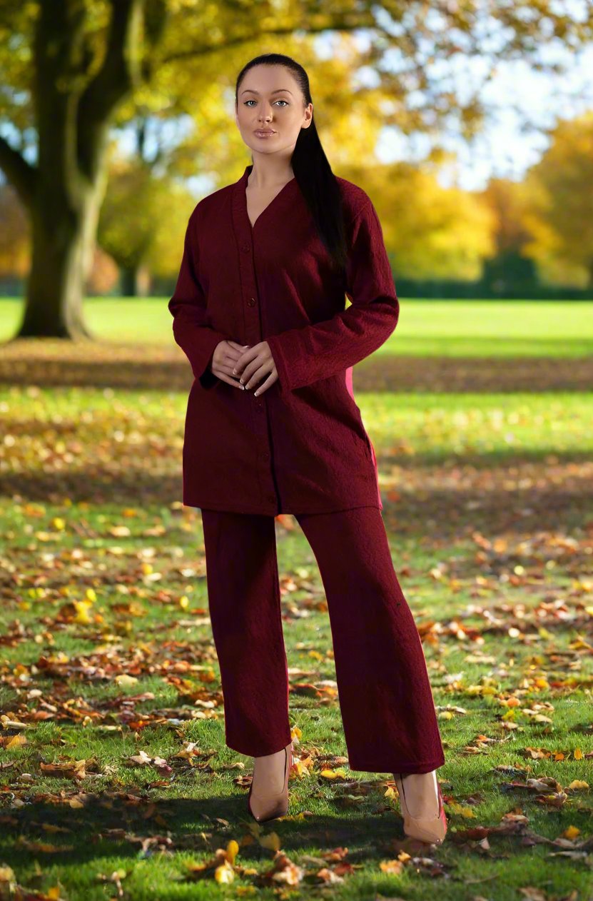 Salina Knitted Short Buttoned Co ord Set Wine Maroon