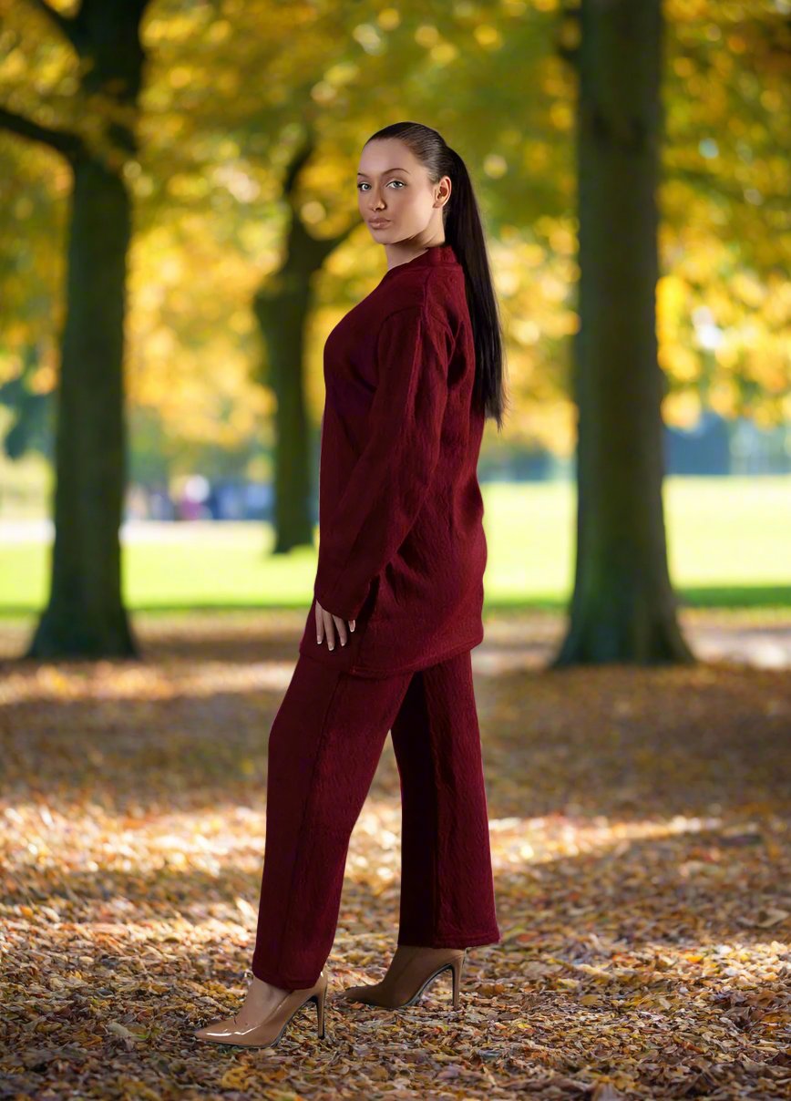 Salina Knitted Short Buttoned Co ord Set Wine Maroon