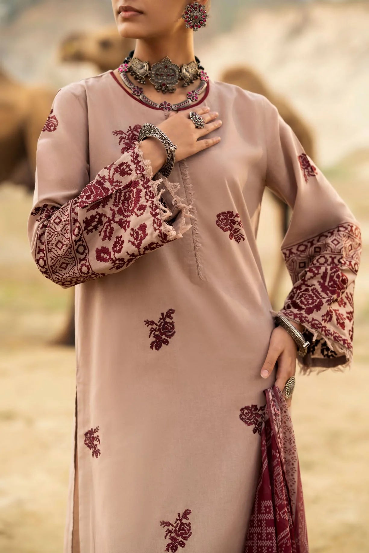 رہگیر Qalam Khaddar Embroidered Suit with Silk Munaar Dupatta