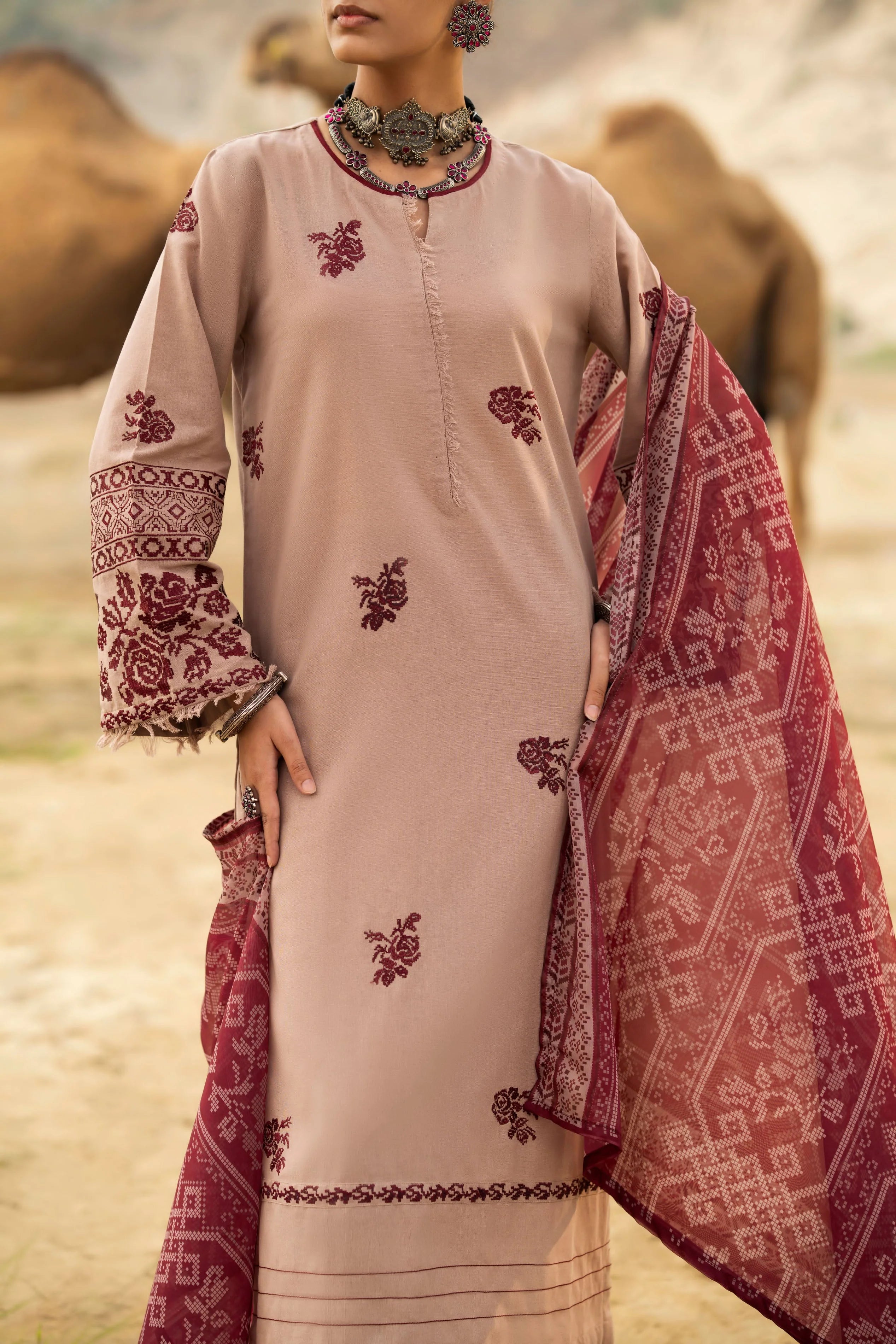 رہگیر Qalam Khaddar Embroidered Suit with Silk Munaar Dupatta