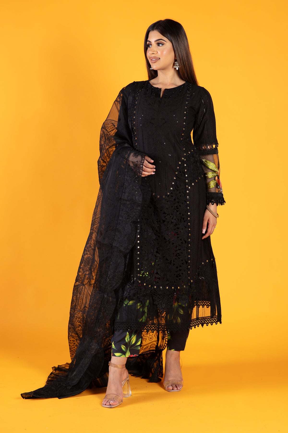 Maria B Inspired Chikan Embroidered D2408-B 3 Piece Outfit With Net Dupatta