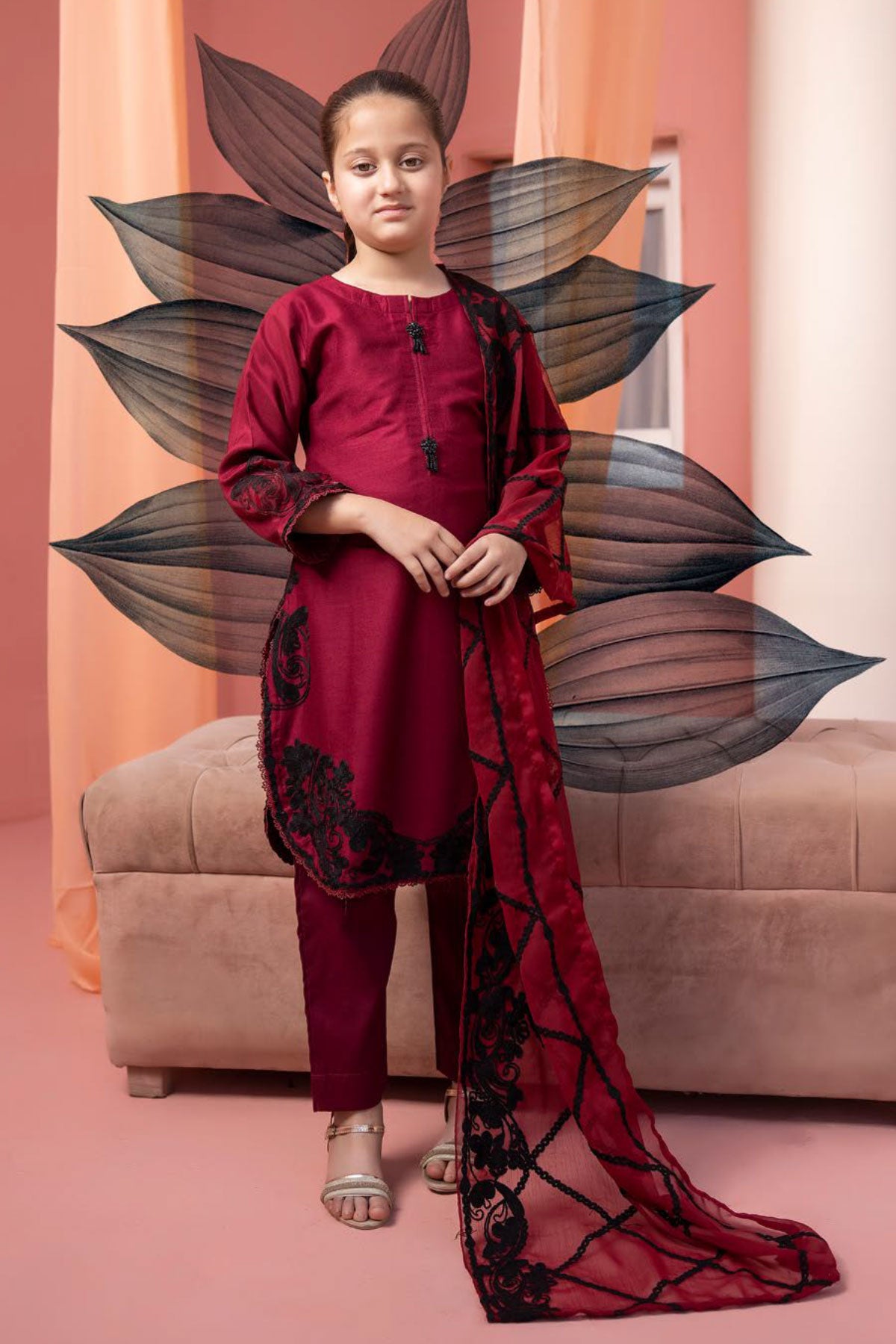 Khoobsurat Maroon Mummy & Kids 3 Piece Suit With Embroidered Dupatta - Desi Posh