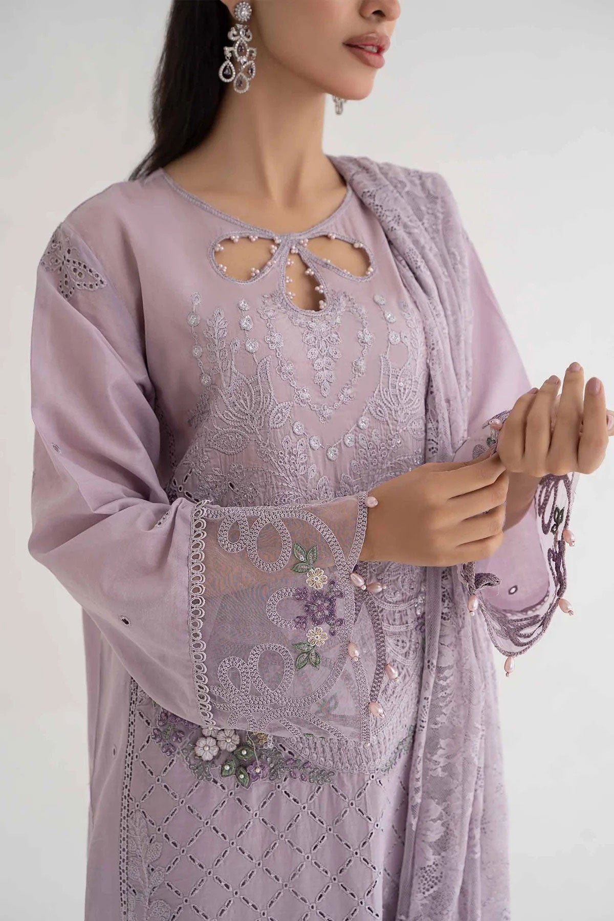 Maria B Inspired Embroidered Lilac 3 Piece Outfit With Net Dupatta - Desi Posh