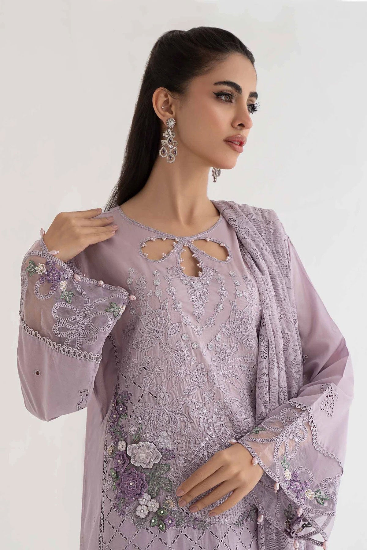 Maria B Inspired Embroidered Lilac 3 Piece Outfit With Net Dupatta - Desi Posh