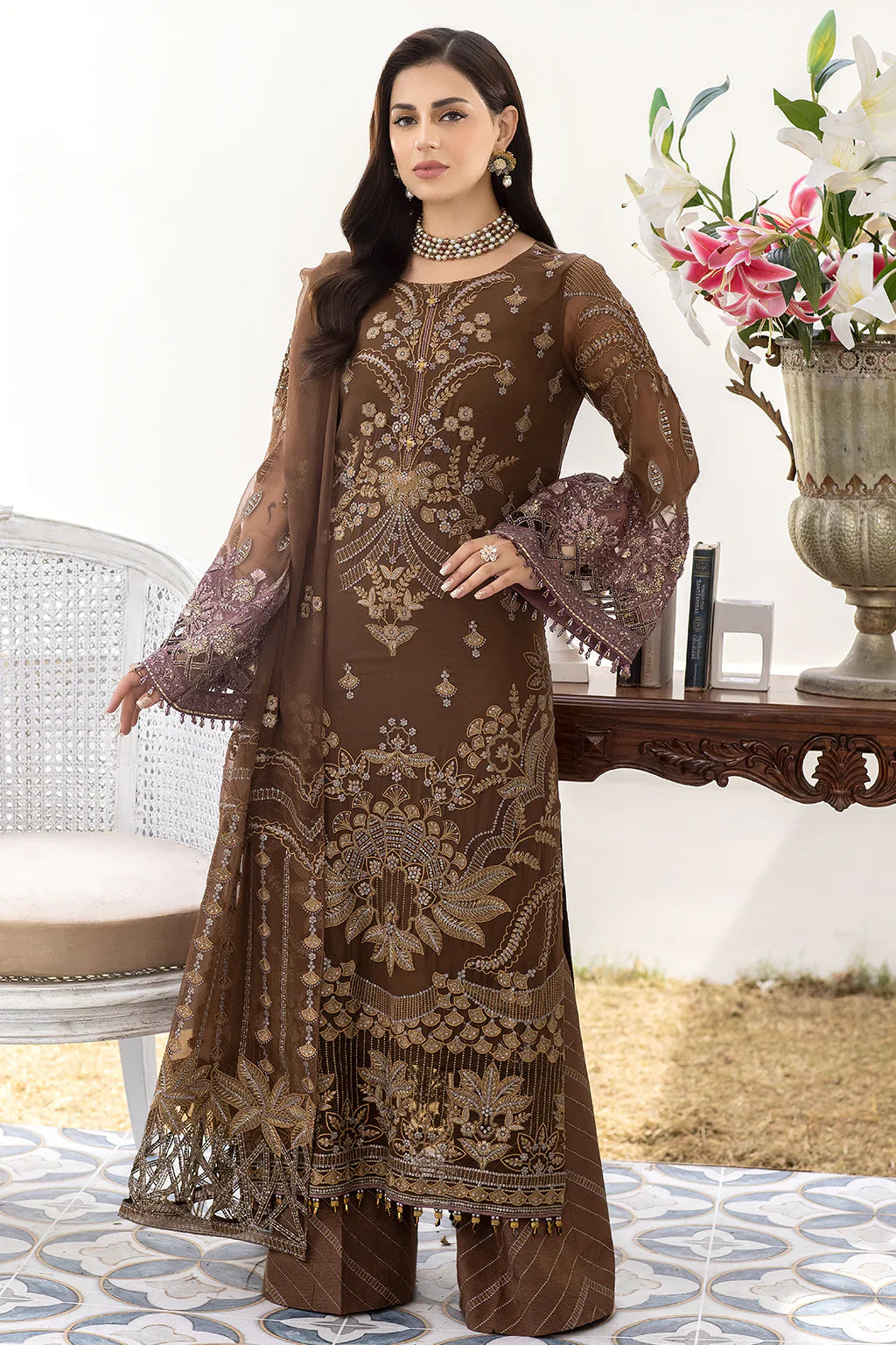 Flossie Shafaq Walnut Ladies Embroidered Chiffon Readymade Suit