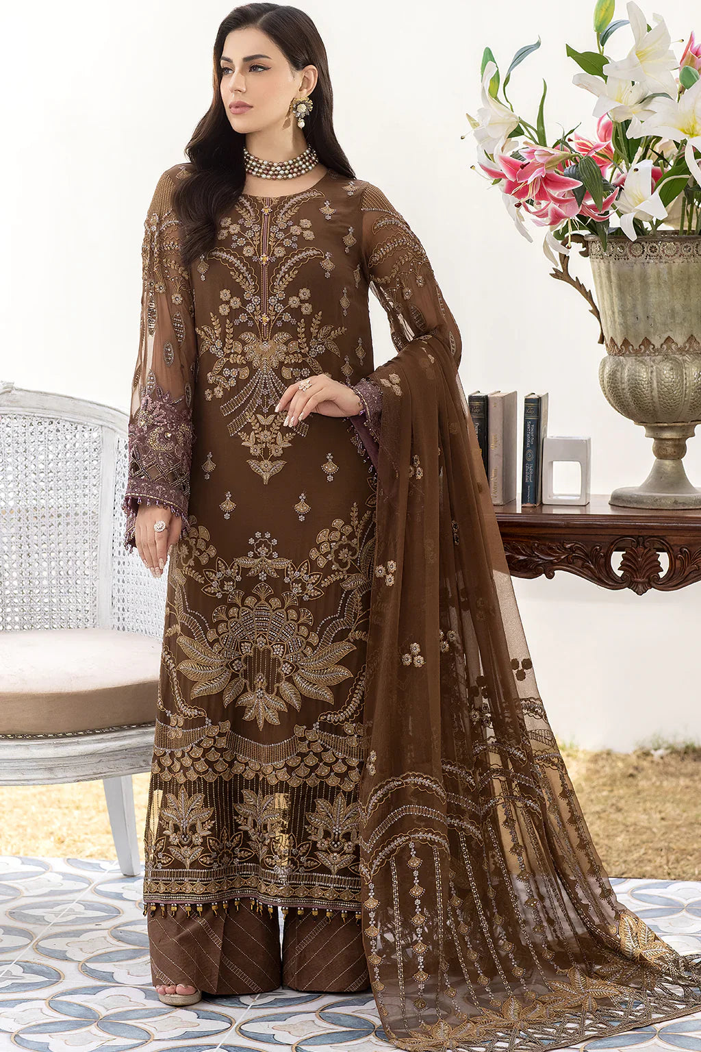 Flossie Shafaq Walnut Ladies Embroidered Chiffon Readymade Suit