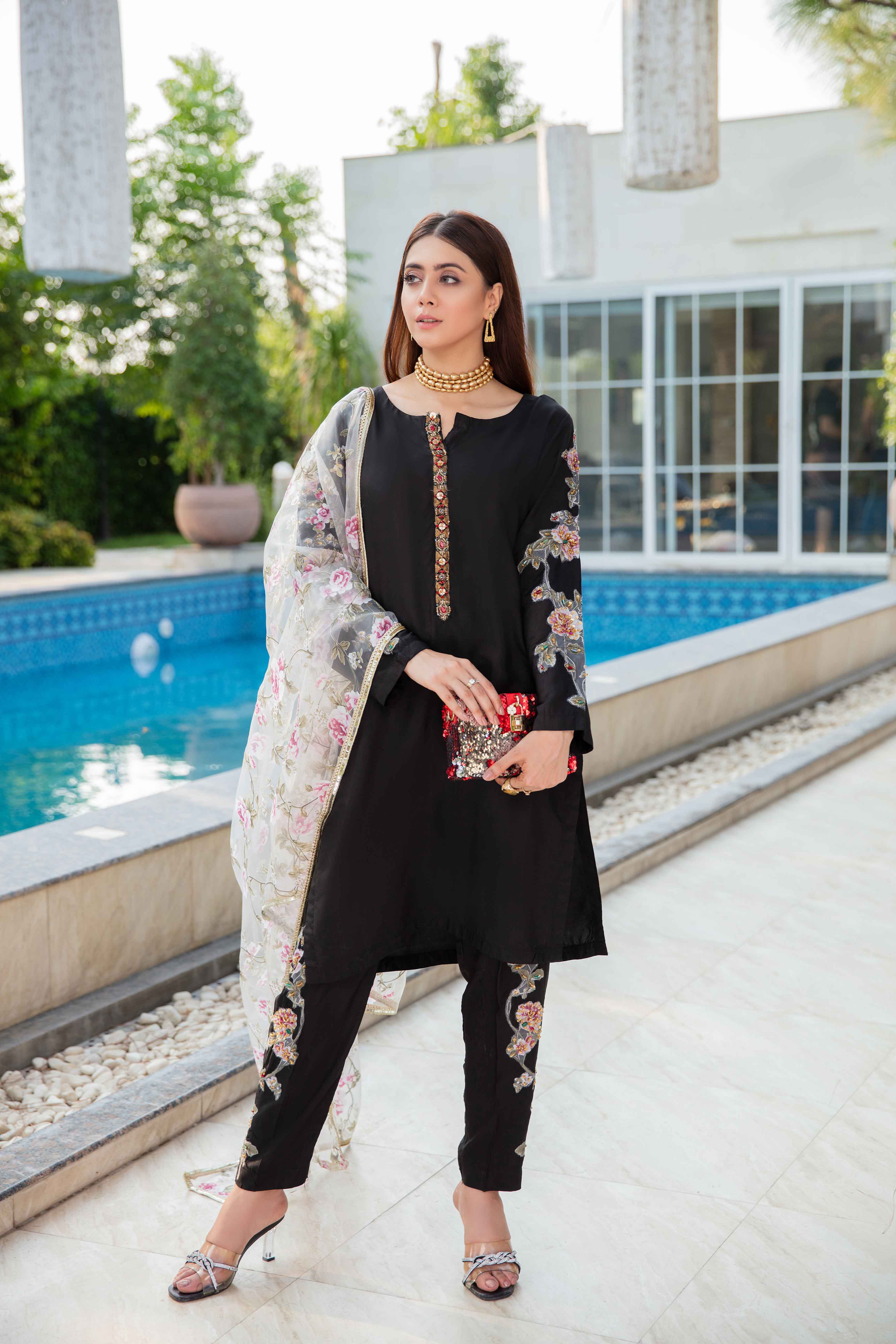 Ivana Luxury Embroidered Black Silk Outfit RS16 - Desi Posh