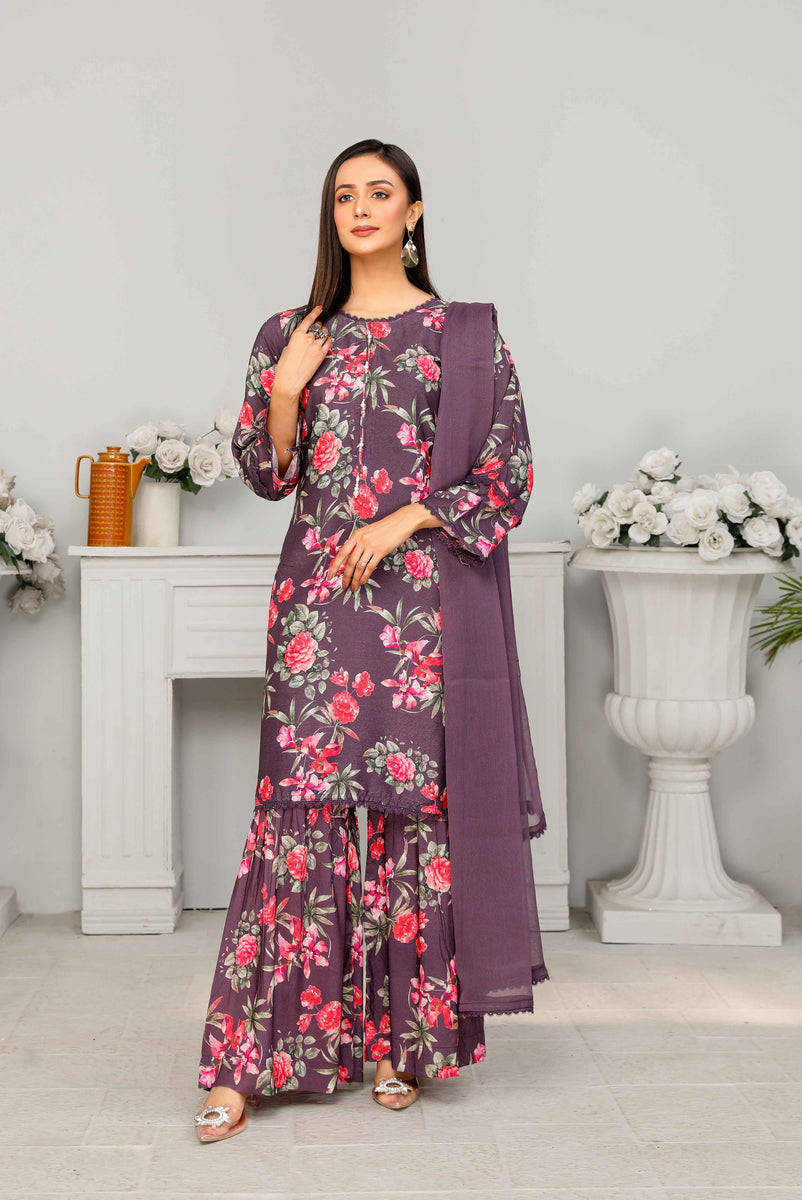 Flora Printed 3 Piece Winter Linen Gharara Suit Al13 | Desi Posh