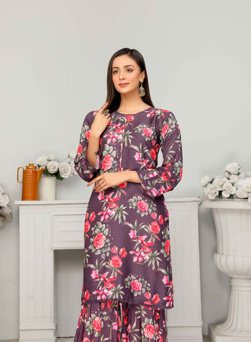 Flora Printed 3 Piece Winter Linen Gharara Suit Al13 | Desi Posh