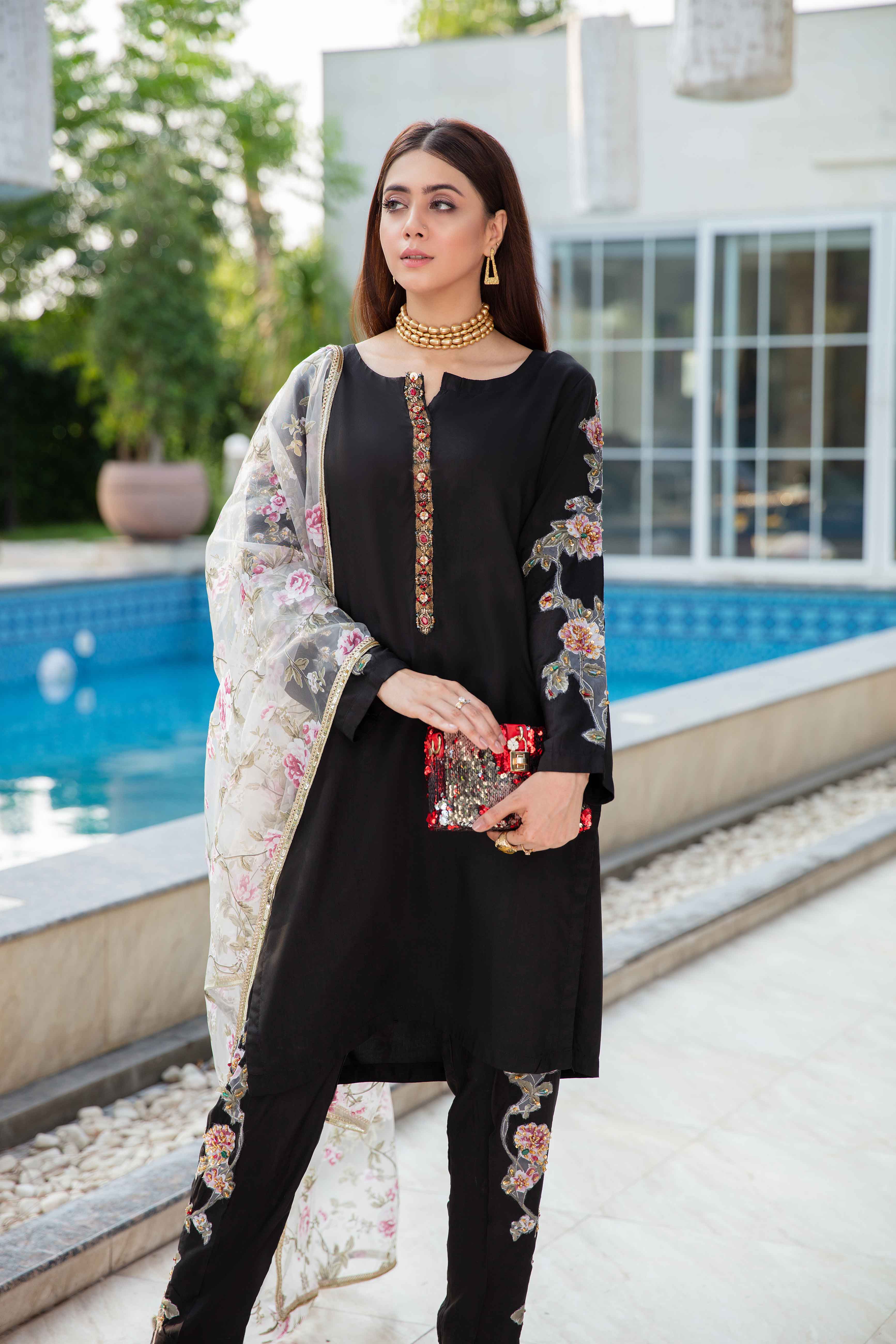 Ivana Luxury Embroidered Black Silk Outfit RS16 - Desi Posh