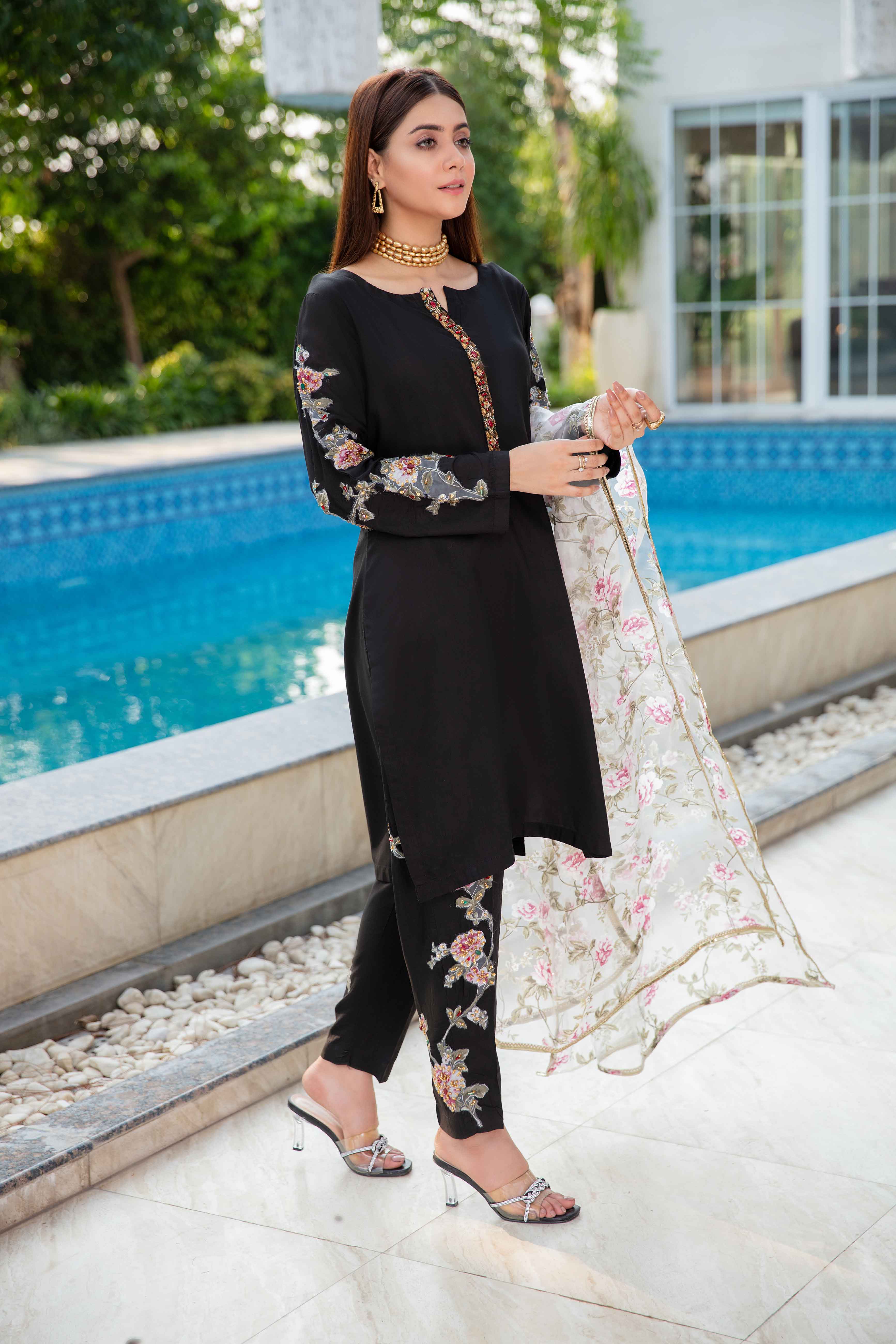 Ivana Luxury Embroidered Black Silk Outfit RS16 Desi Posh