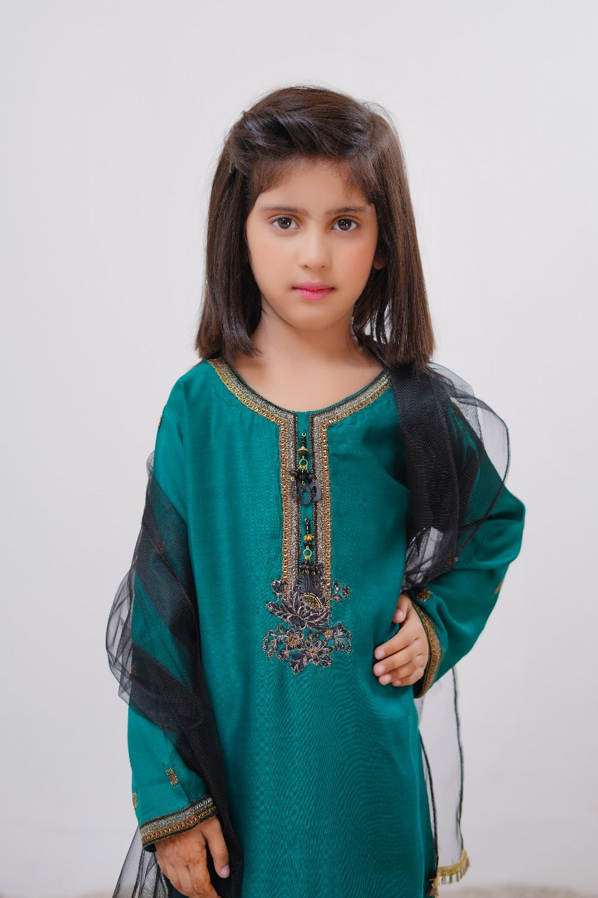 Mother & Daughter Viscose Silk Teal Green Girls Outfit Desi Posh