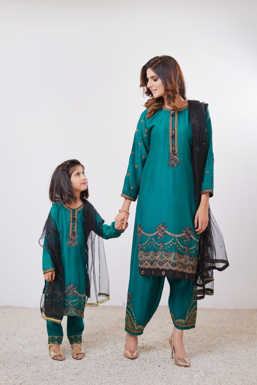 Mother & Daughter Viscose Silk Teal Green Girls Outfit