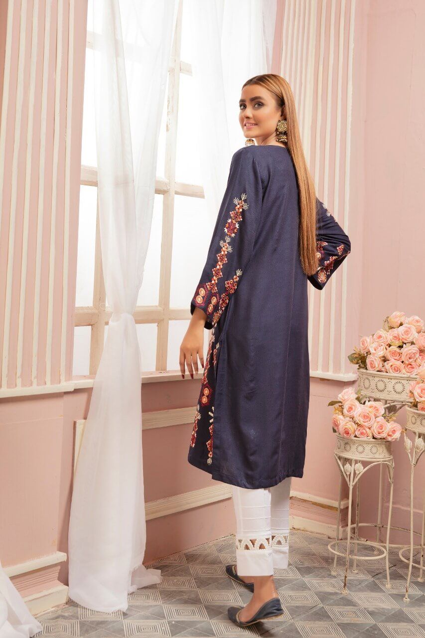 Sana Safinaz Pakistani Designer Winter Ready Embroidered Kurti Navy Blue - Desi Posh