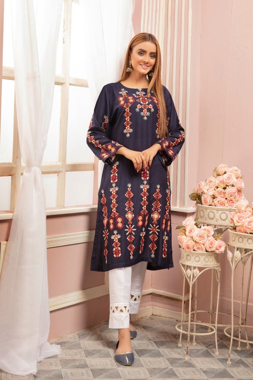 Sana Safinaz Pakistani Designer Winter Ready Embroidered Kurti Navy Blue - Desi Posh