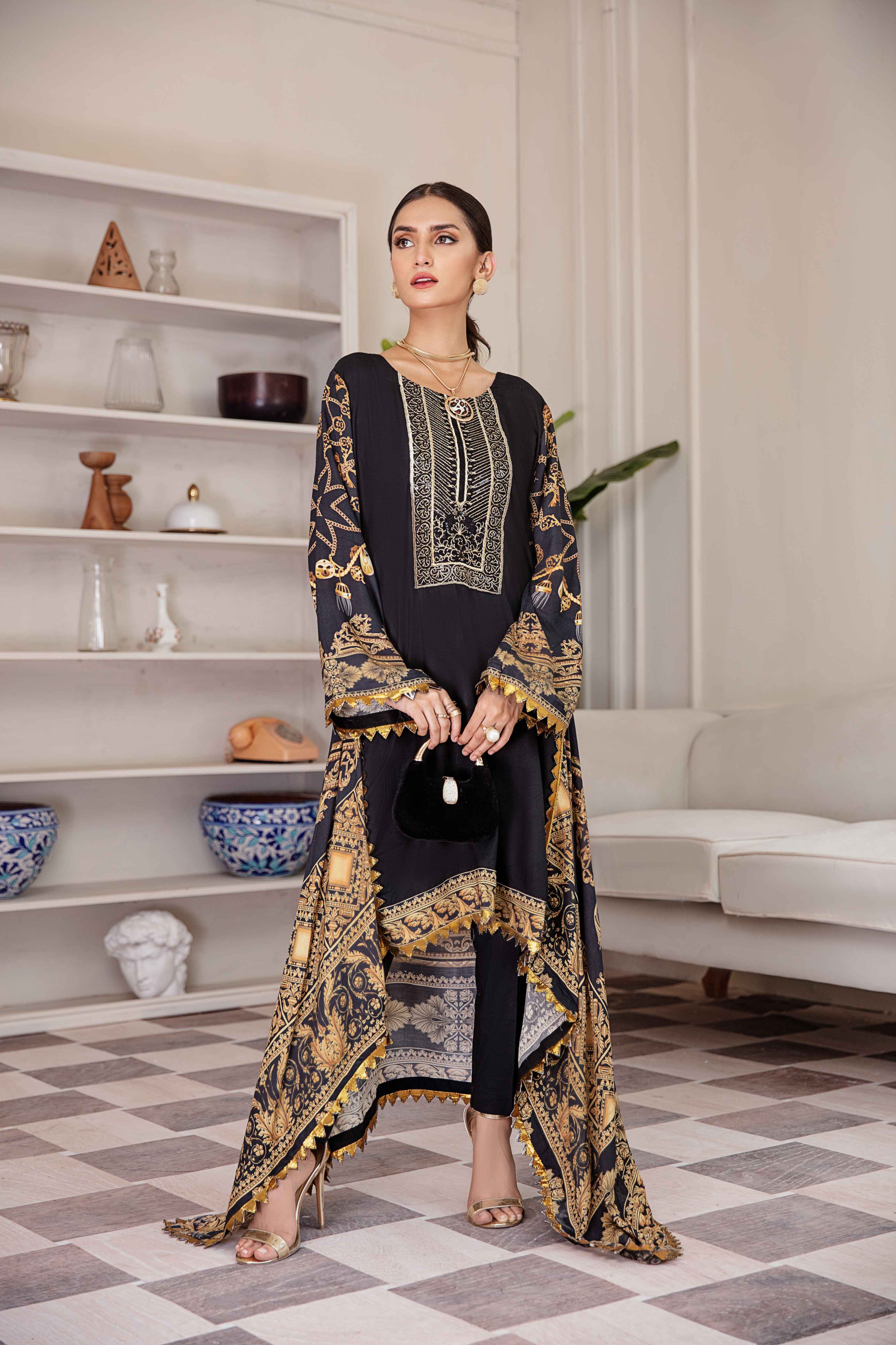 Simrans Digital Print Embroidered Dipped Hem Black Kurta