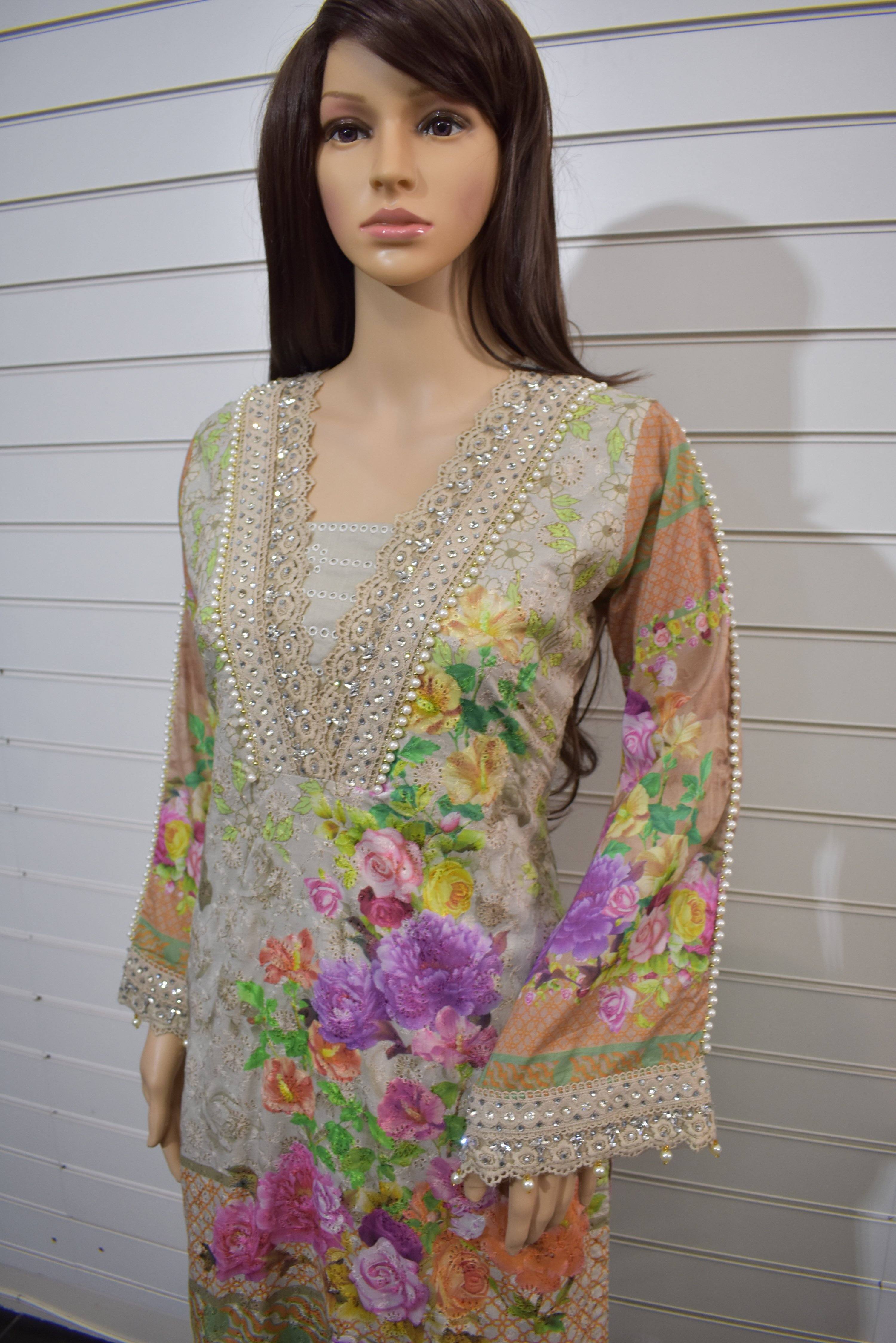 Simrans Festive Lawn Digital Print Chikan Embroidered Kameez Outfit with Stone Detailed Sleeves AL75 - Desi Posh