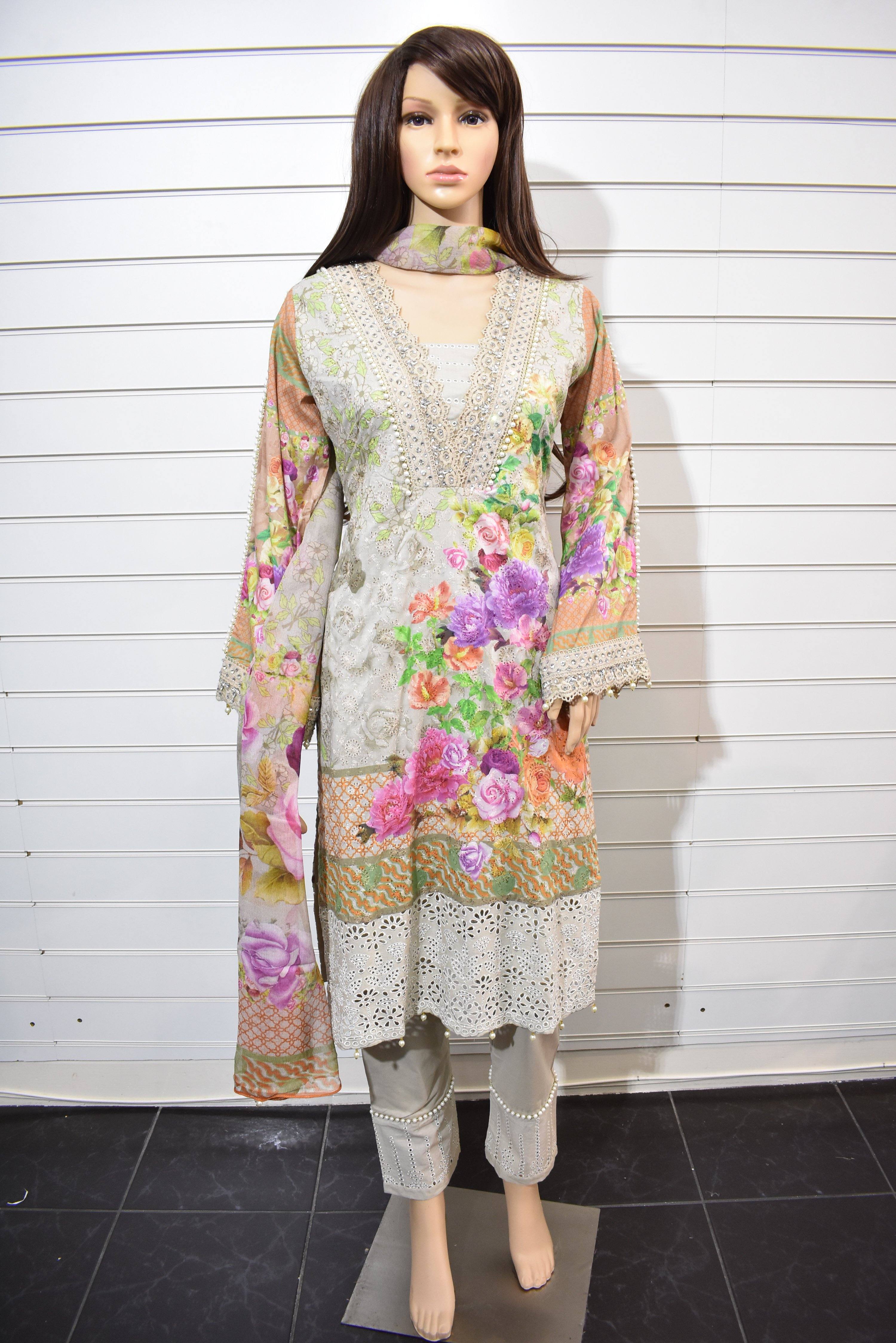 Simrans Festive Lawn Digital Print Chikan Embroidered Kameez Outfit with Stone Detailed Sleeves AL75 - Desi Posh