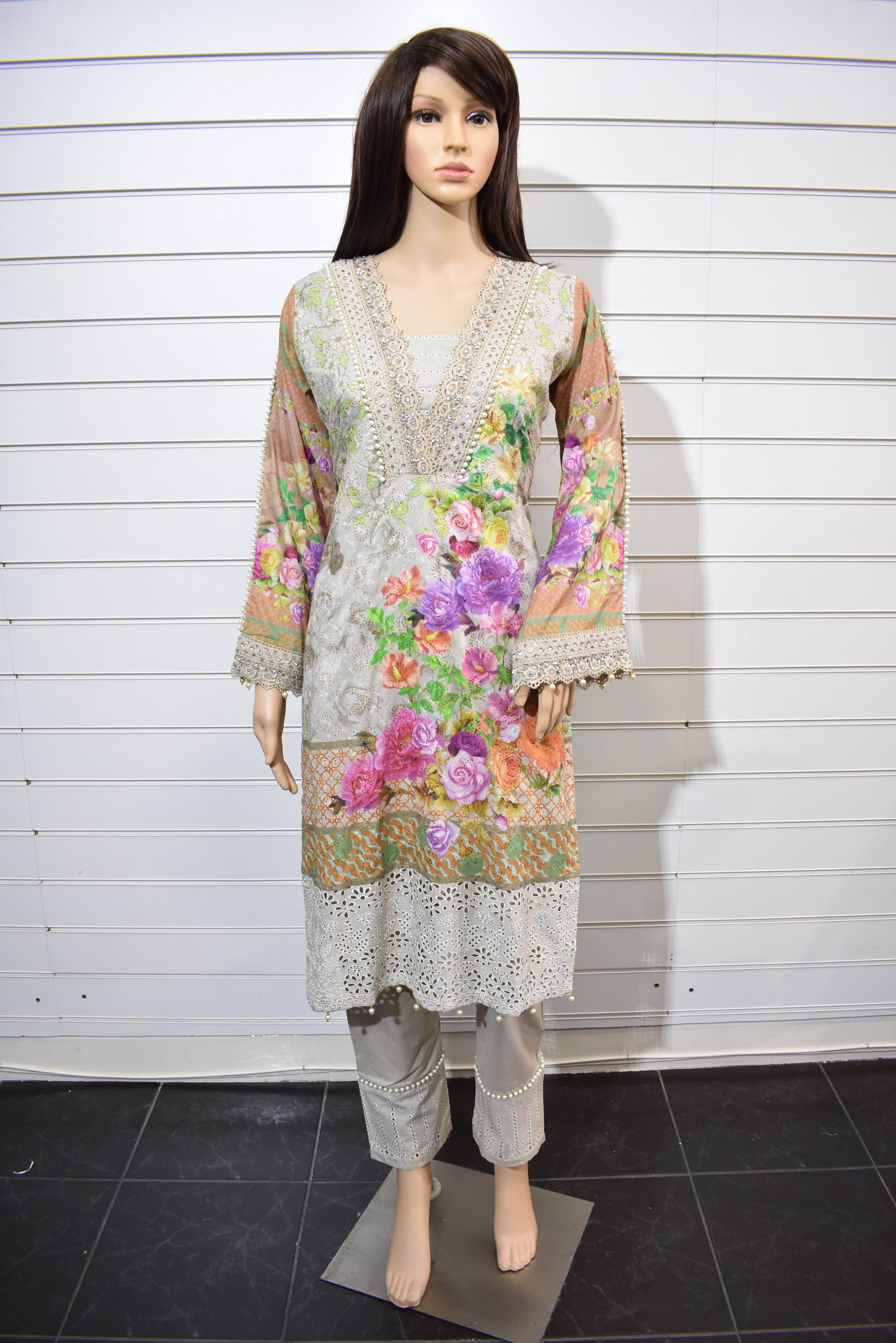 Simrans Festive Lawn Digital Print Chikan Embroidered Kameez Outfit with Stone Detailed Sleeves AL75 - Desi Posh