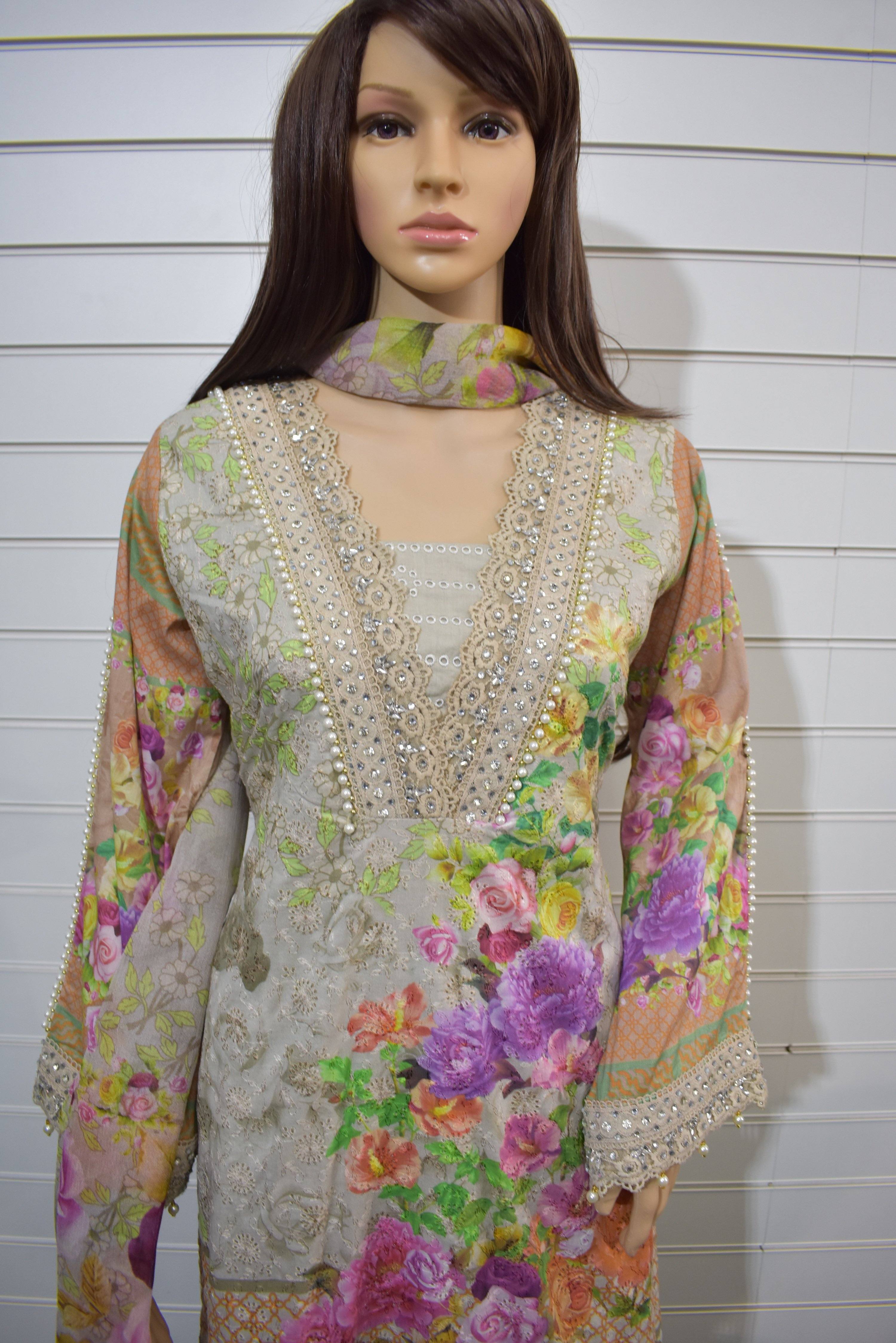 Simrans Festive Lawn Digital Print Chikan Embroidered Kameez Outfit with Stone Detailed Sleeves AL75 - Desi Posh