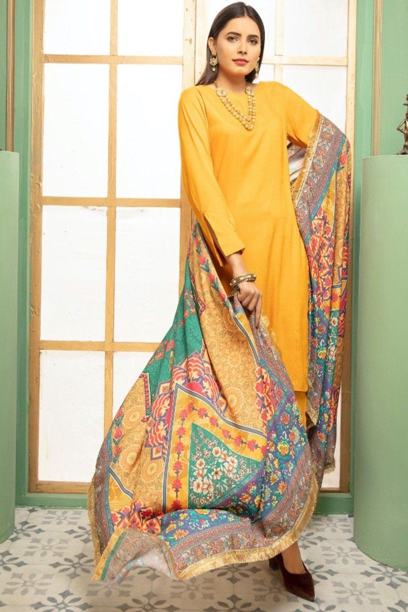 Simrans Plain Mustard Spring Linen Outfit with a Multi Coloured Digital Print Chiffon Dupatta - Desi Posh