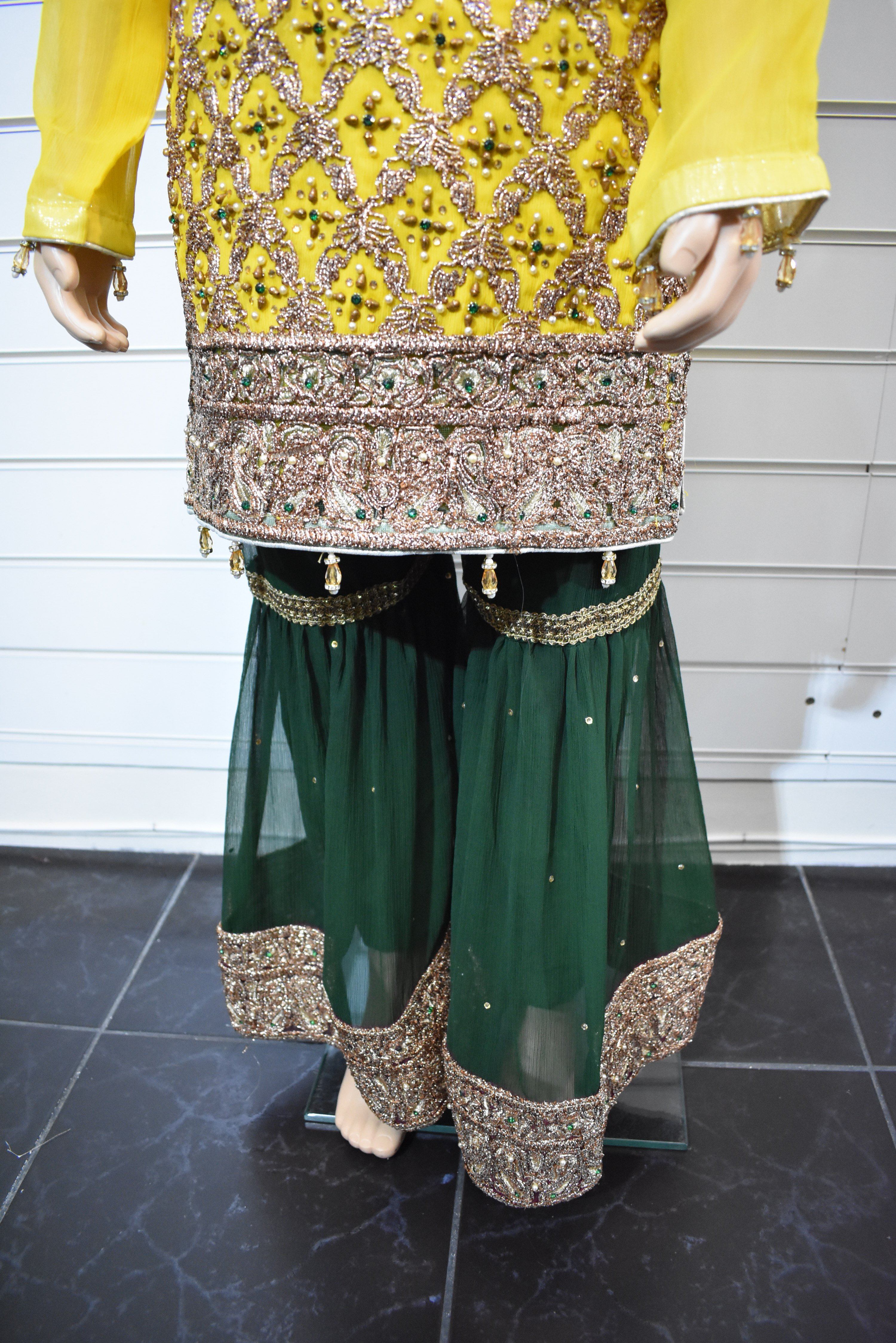 Stunning Chiffon Kids Stone Work Embroidered Gharara Outfit Yellow - Desi Posh